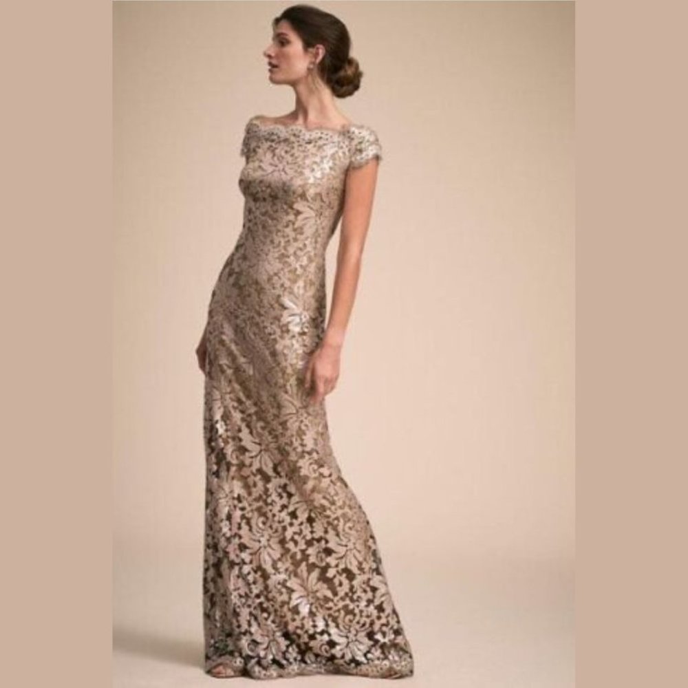 NWT Tadashi Shoji Odette Off-Shoulder Sequin Mesh Column Gown Gold